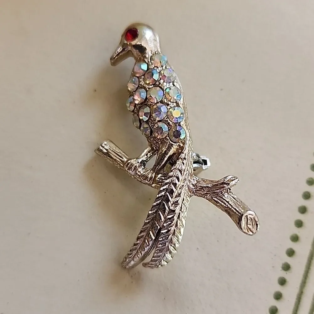 Vintage Aurora Borealis Rhinestone Embellished Bird Brooch